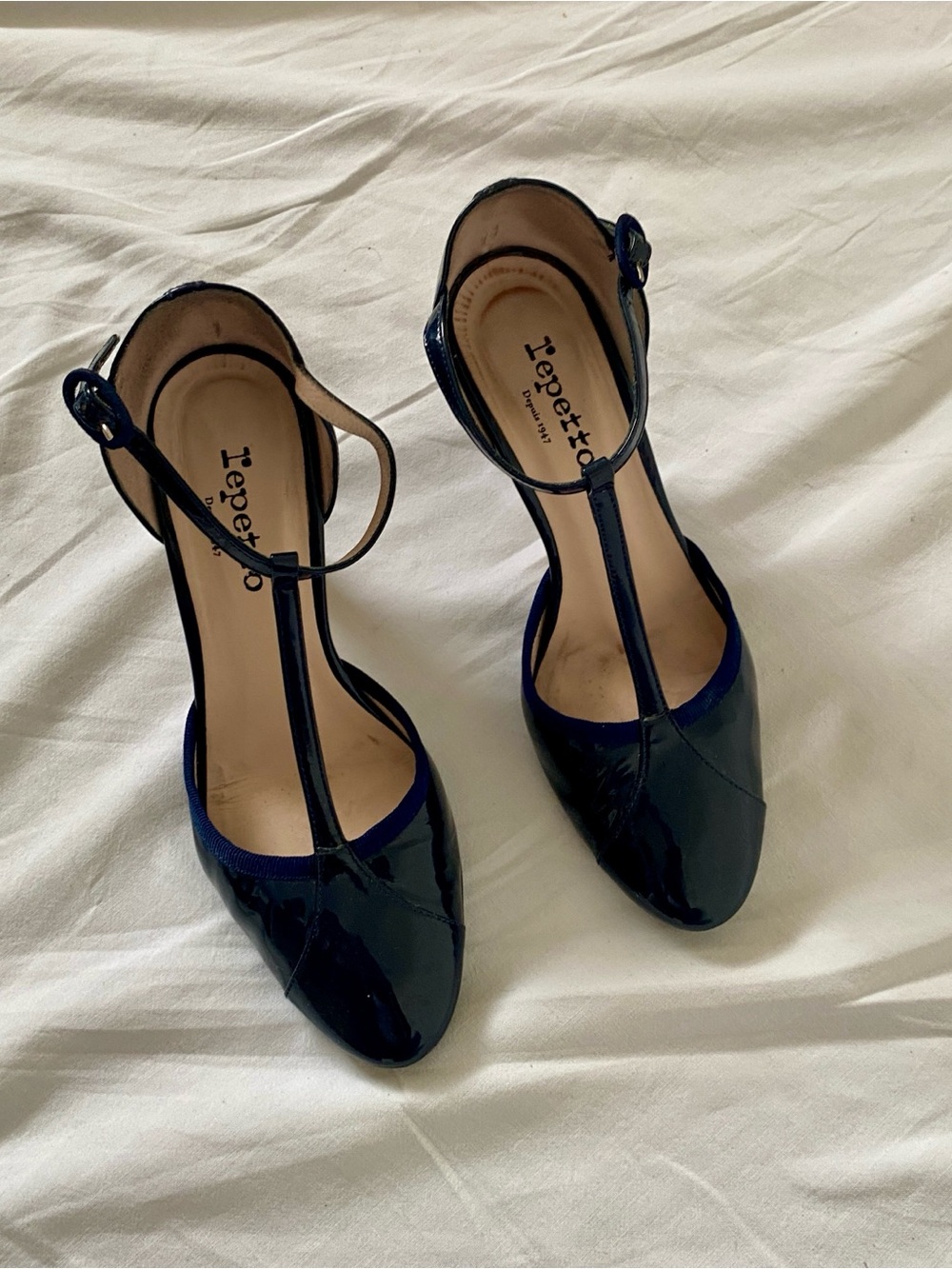 Repetto Paris Bahia Blue Patent Leather T Strap Mary Jane Heels France Size 37